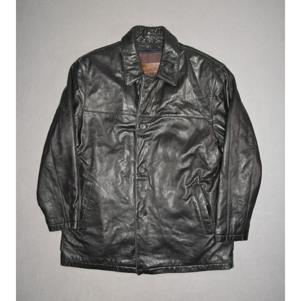 Johnston & Murphy Jacket Mens XL Black Leather Car Coat Mid Length Soft Collared